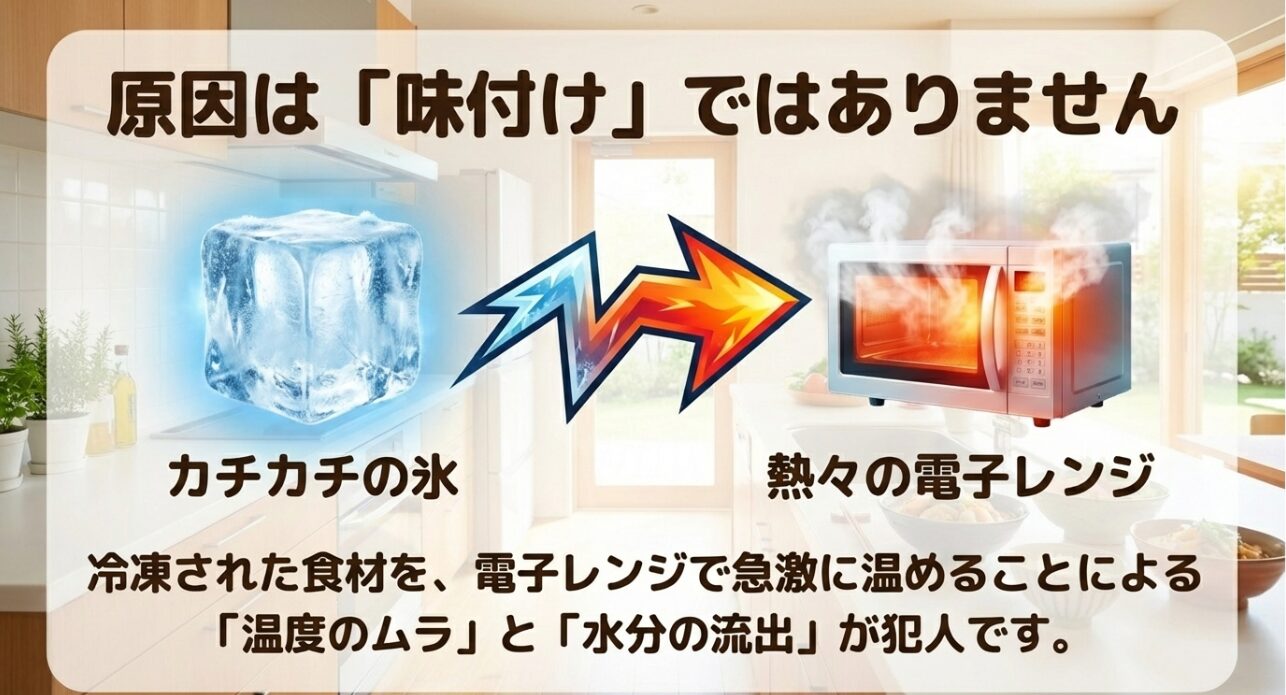 ナッシュのお弁当が美味しくないと感じる根本的な原因は味付けそのものではなく、カチカチに凍った氷の状態から熱々の電子レンジで急激に加熱することによって発生する「温度のムラ」と、それに伴う「水分の流出」が犯人であることを解説したスライド画像です。