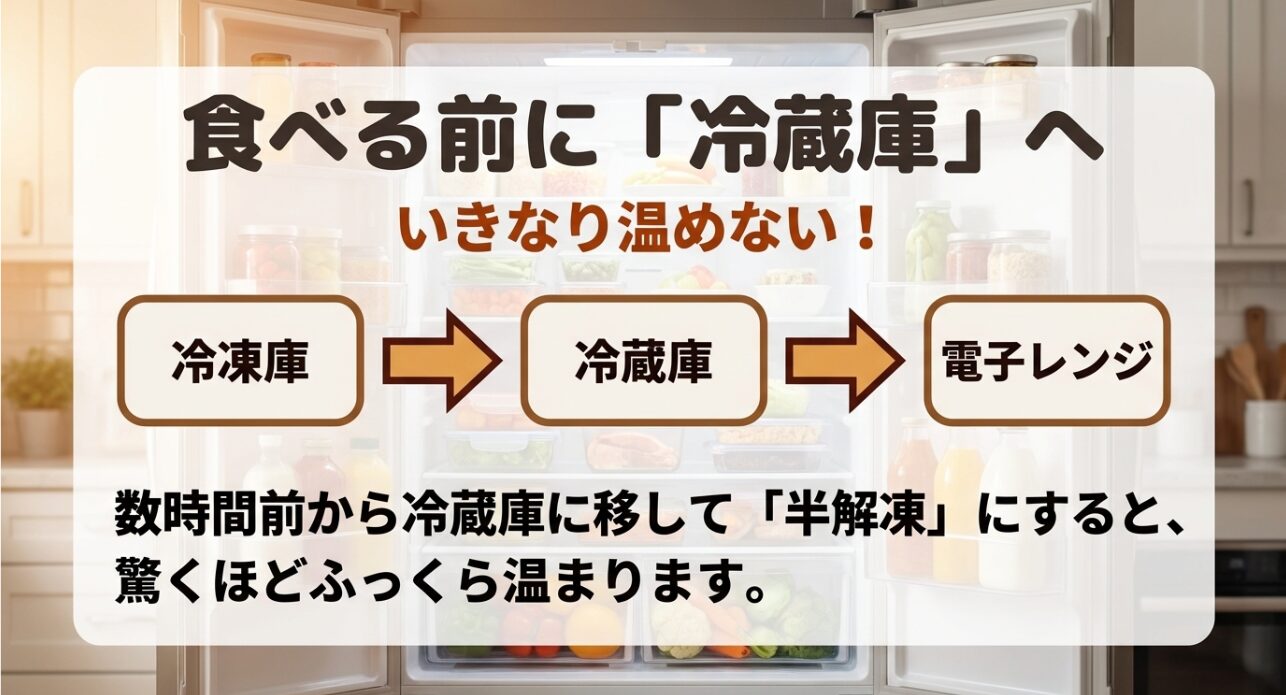 ナッシュのお弁当を電子レンジでいきなり温めるのではなく、食べる数時間前から冷凍庫から冷蔵庫へと移して「半解凍」の状態にしておくことで、驚くほどふっくらと美味しく温められるという最強のライフハックを図解したスライド画像です。