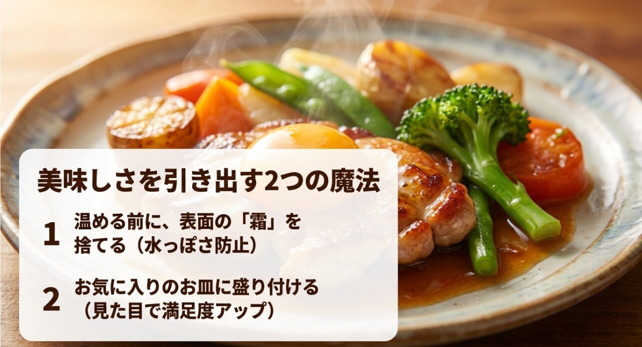 ナッシュのお弁当をさらに美味しく引き出すための2つの魔法のテクニックとして、電子レンジで温める前に表面についた霜を捨てて水っぽさを防止することと、加熱後にお気に入りのお皿に綺麗に盛り付けることで見た目の満足度をアップさせる工夫について解説したスライド画像です。