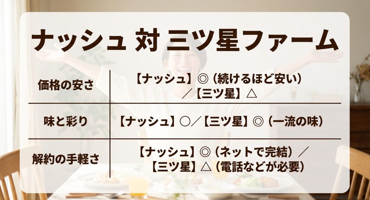 人気の冷凍宅配弁当であるナッシュと三ツ星ファームの2大サービスを、「価格の安さ」「味と彩りの良さ」「解約やスキップの手軽さ」という3つの重要な軸で比較したスライド画像です