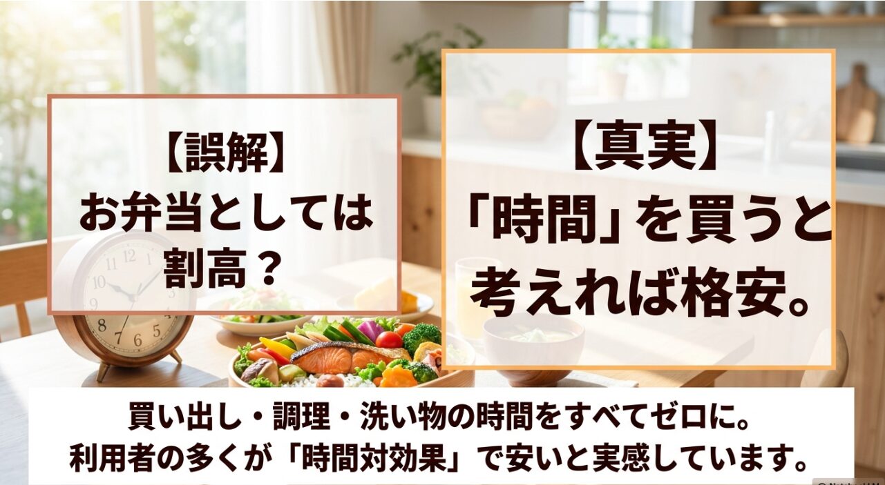お弁当としては割高という誤解に対し、買い出しや調理の時間を買えば格安という真実を解説したスライド 