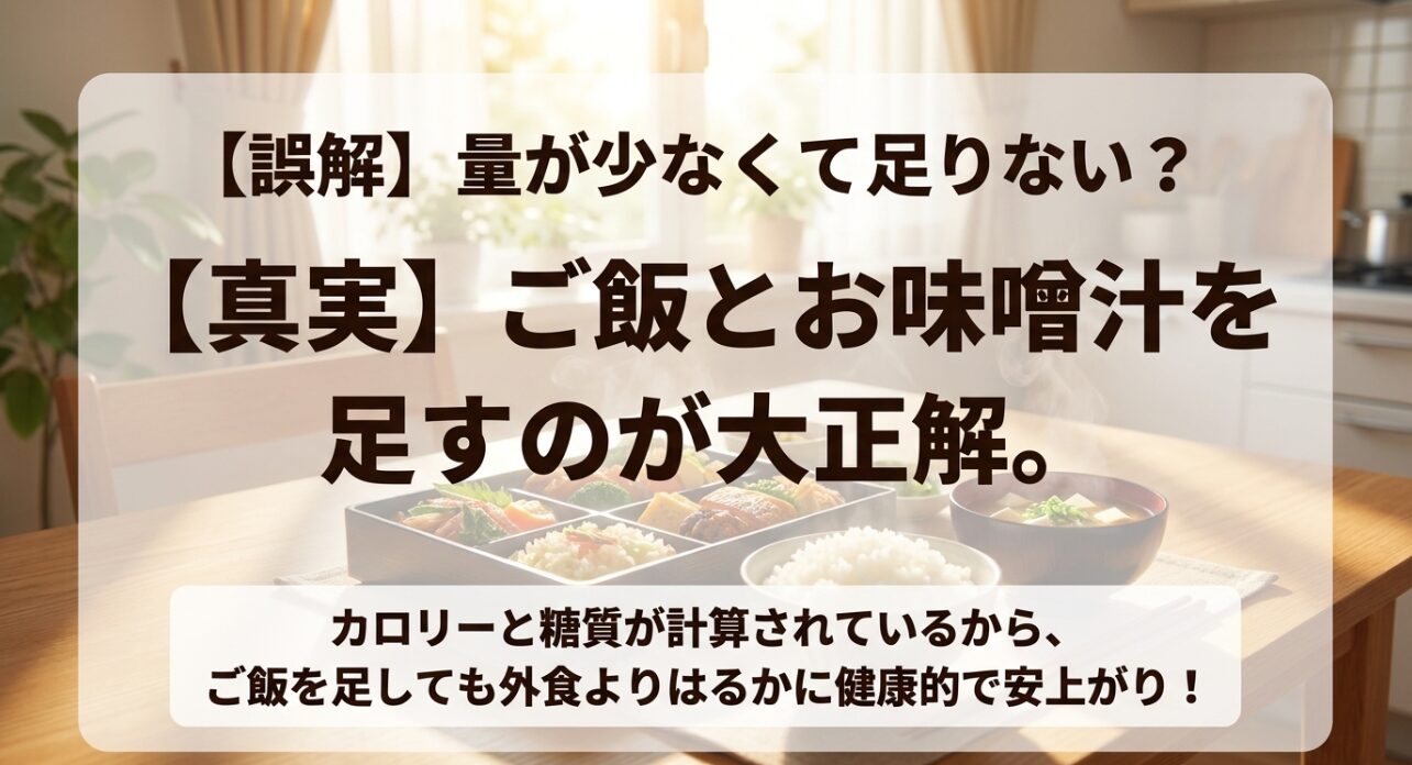 量が少ないという誤解に対し、ご飯と味噌汁を足すのが正解で健康的かつ安上がりであることを解説したスライド