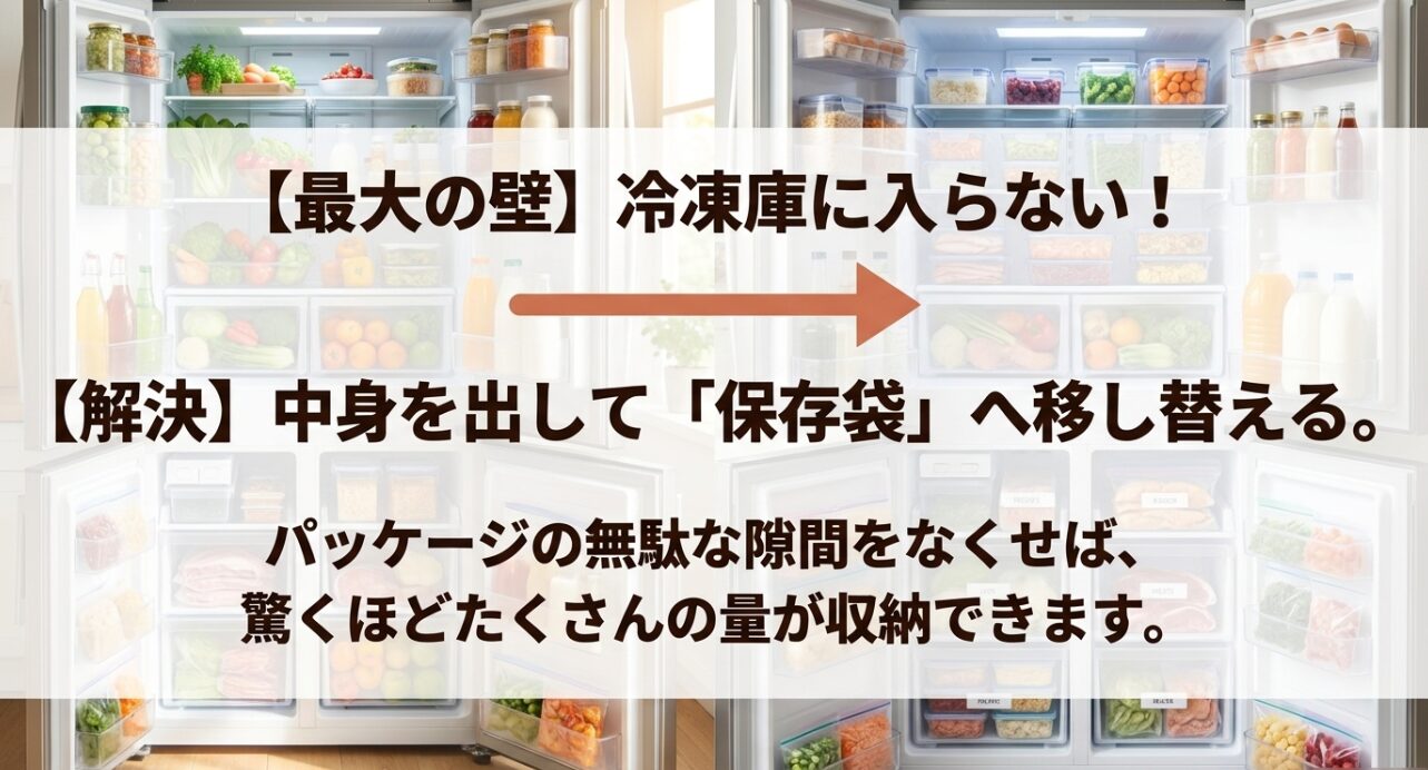 冷凍庫に入らないという壁に対し、中身を保存袋に移し替えて収納量を増やす解決策を解説したスライド