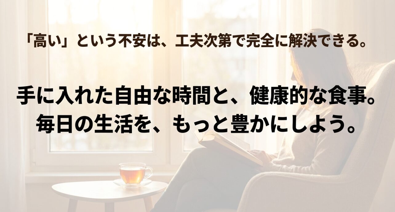 高いという不安は工夫次第で完全に解決でき、自由な時間と健康的な食事で生活が豊かになることを伝えるスライド