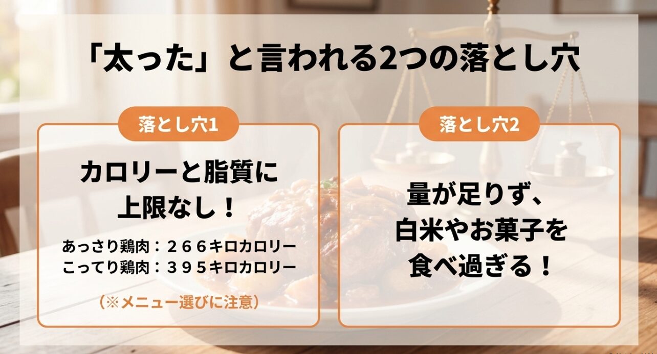 ナッシュで太る原因の解説。カロリー・脂質の上限なしという点と、主食の食べ過ぎという2つの落とし穴。