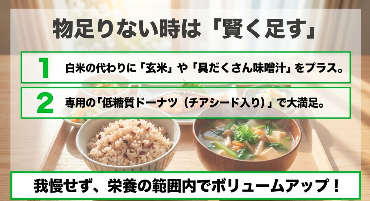 ナッシュの量が足りない時の対策。玄米や具だくさん味噌汁、低糖質ドーナツをプラスする賢い食べ方。