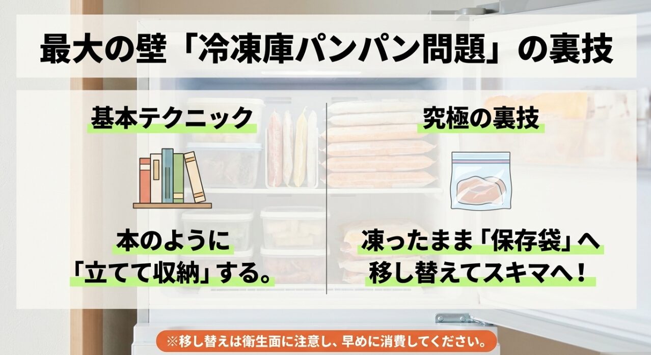 ナッシュの冷凍庫収納術。ジップロック等の保存袋に移し替えてスキマに立てて収納する究極の裏技。