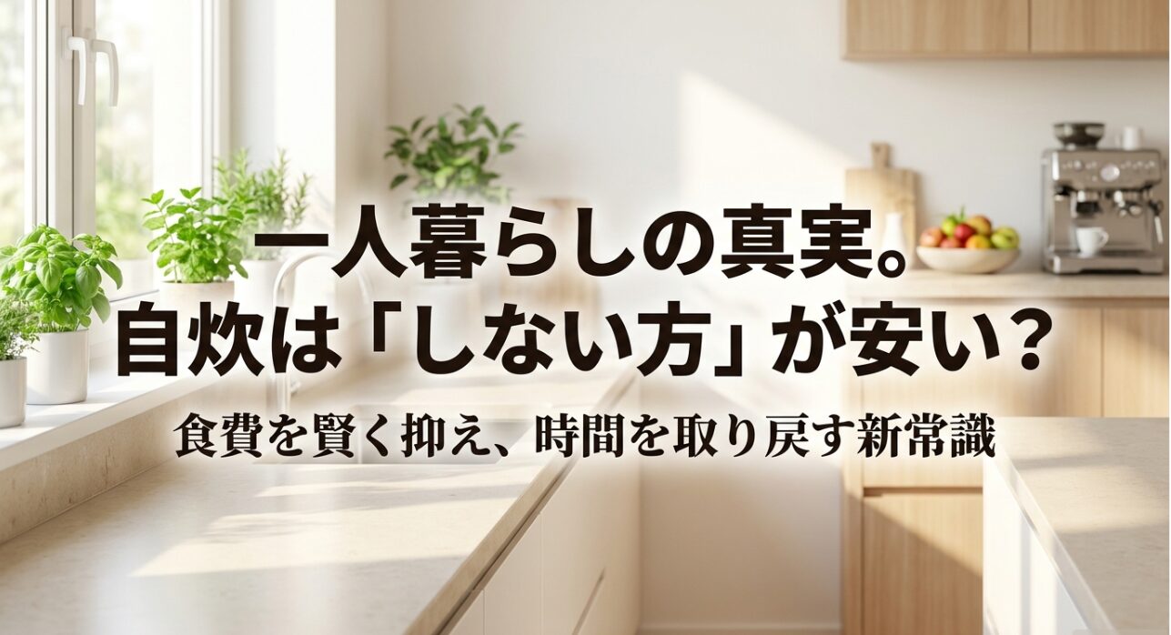一人暮らしの真実。自炊は「しない方」が安い？食費を賢く抑え、時間を取り戻す新常識と書かれたスライド