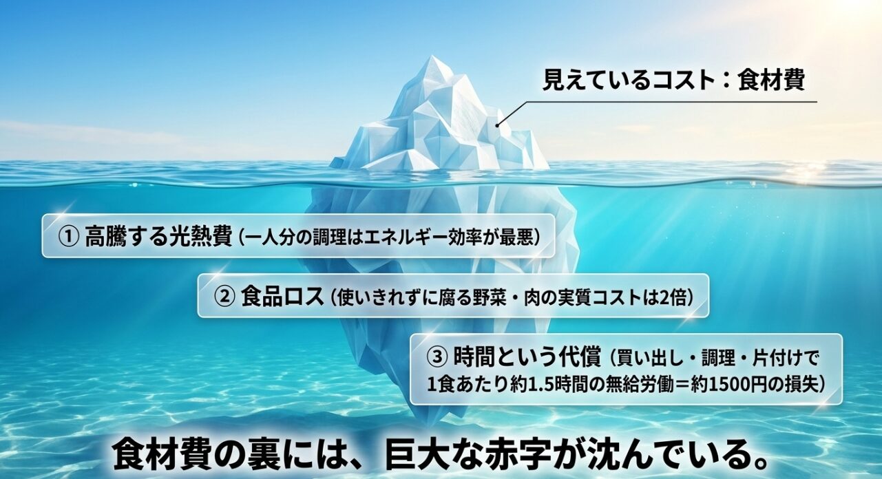 見えている食材費の裏にある、高騰する光熱費、食品ロス、時間という代償（1食約1500円の損失）を図解したスライド