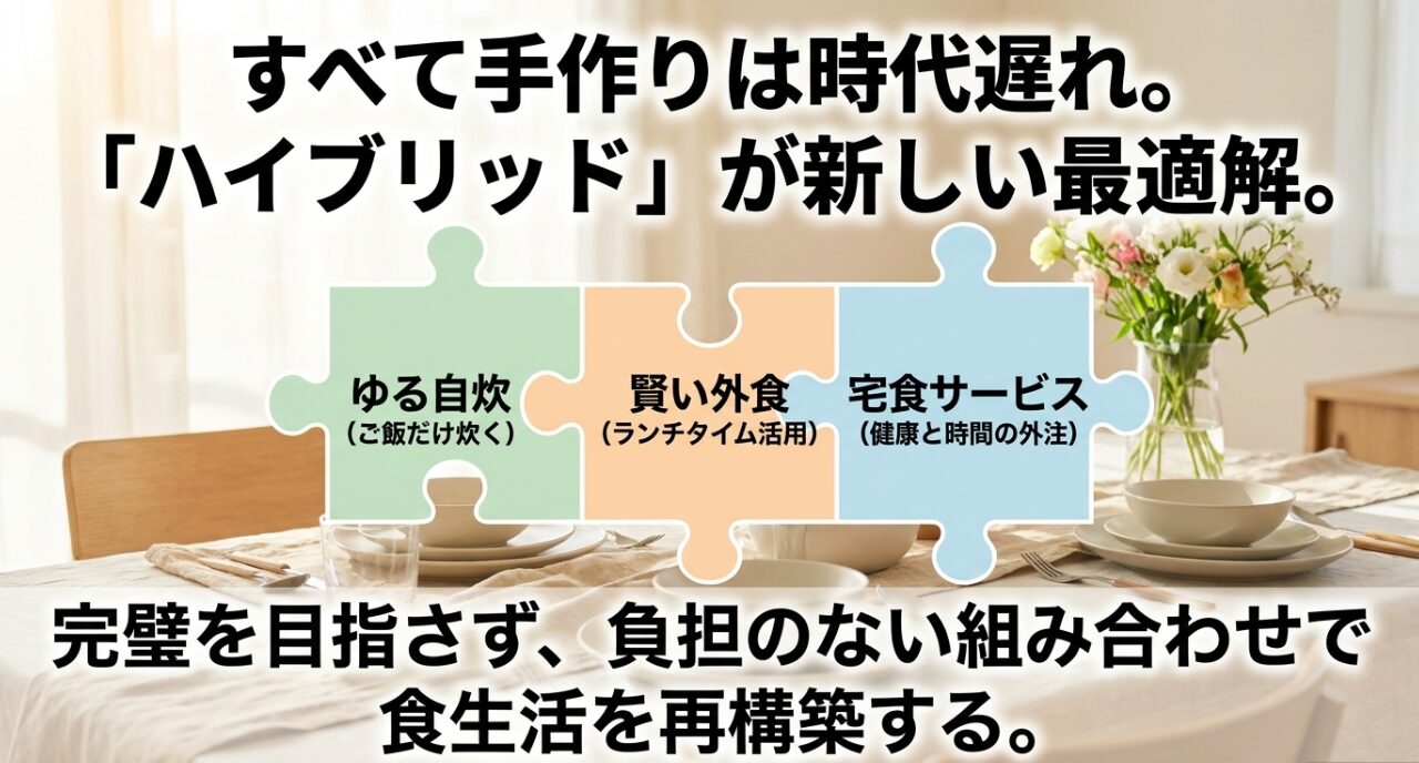 すべて手作りは時代遅れ。「ハイブリッド」が新しい最適解として、ゆる自炊、賢い外食、宅食サービスの組み合わせを提案するスライド
