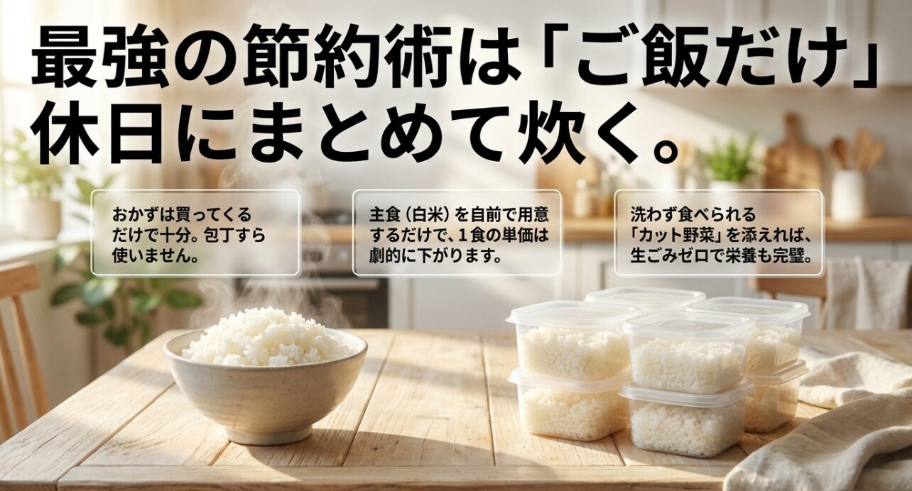 最強の節約術は「ご飯だけ」。休日にまとめて炊き、おかずやカット野菜は買ってくるだけで劇的に安くなることを説明するスライド