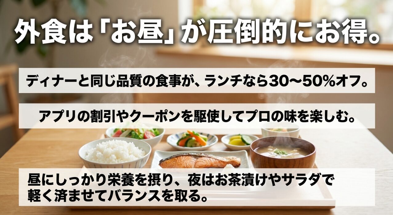 外食は「お昼」が圧倒的にお得。ディナーと同品質の食事がランチなら30〜50%オフになることを説明するスライド