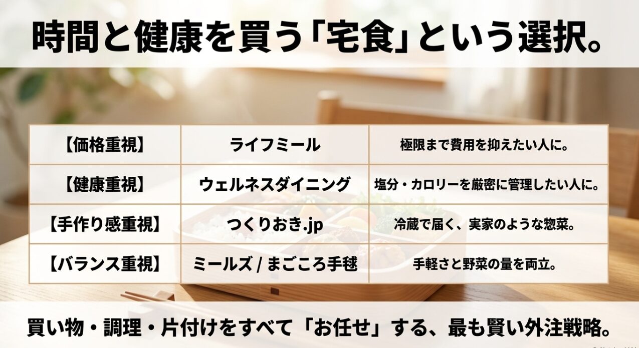 時間と健康を買う「宅食」という選択。ライフミール、ウェルネスダイニング、つくりおき.jp、ミールズ、まごころ手毬の特徴を比較したスライド