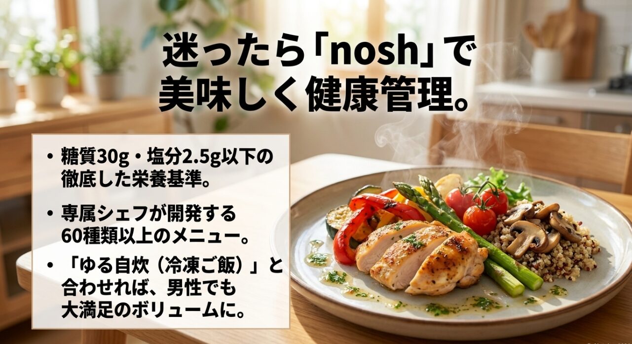 迷ったら「nosh」で美味しく健康管理。糖質30g・塩分2.5g以下、60種類以上のメニューがあり、ゆる自炊と合わせれば大満足というスライド