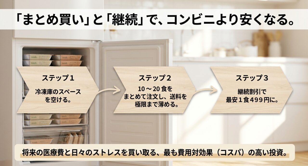 「まとめ買い」と「継続」で、コンビニより安くなる。冷凍庫のスペースを空け、まとめて注文し、継続割引で最安1食499円になるステップを解説したスライド
