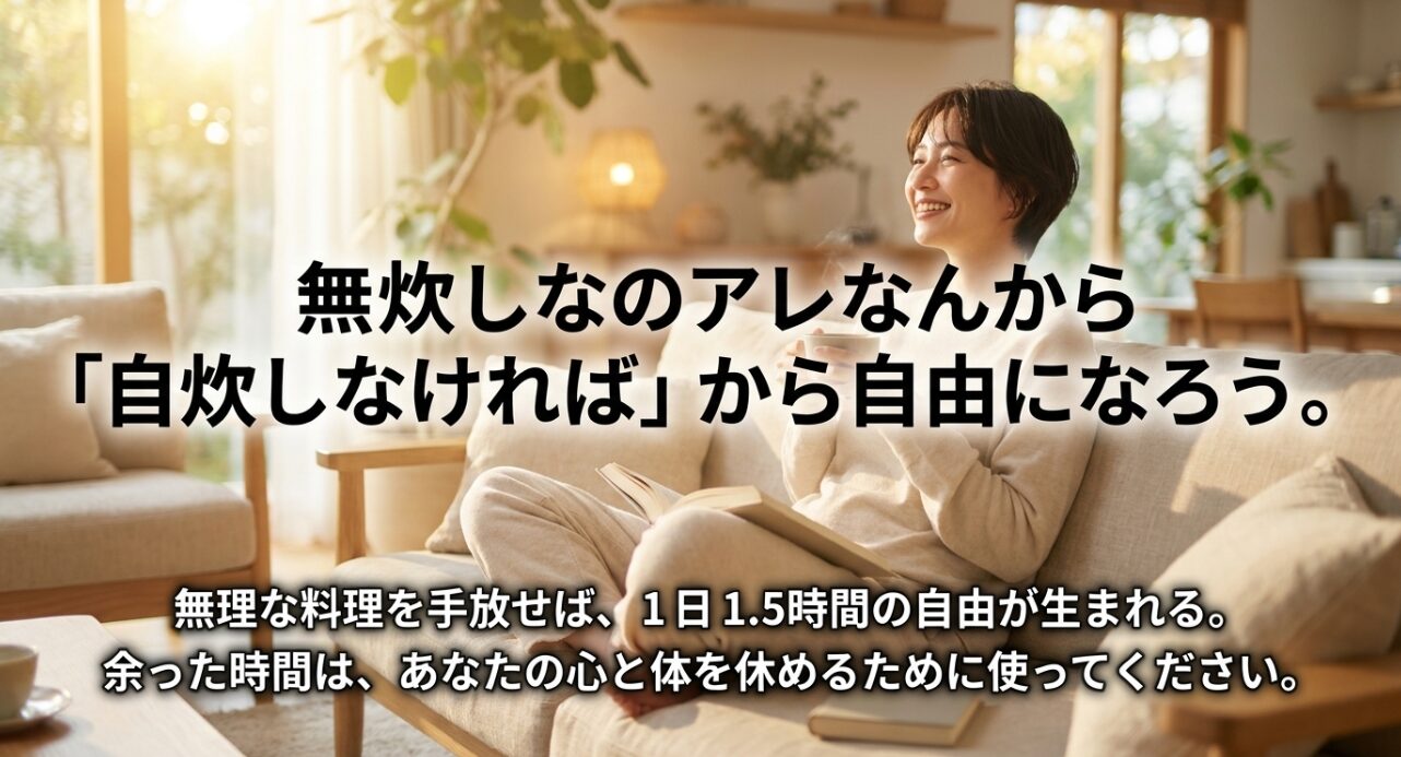 「自炊しなければ」から自由になろう。無理な料理を手放せば、1日1.5時間の自由が生まれるというメッセージが書かれたスライド