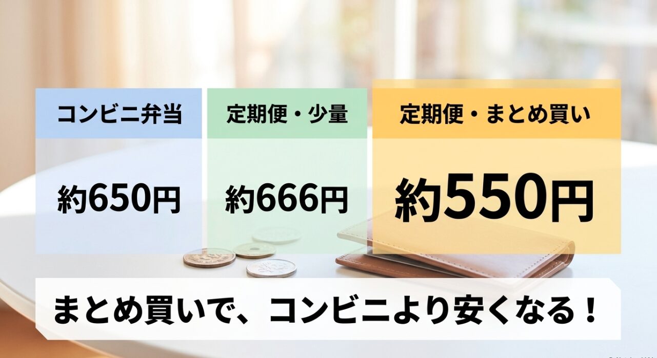 宅食サブスクをまとめ買いするとコンビニ弁当より1食あたりのトータルコストが安くなる料金比較
