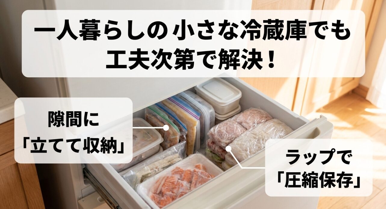 一人暮らしの小さな冷蔵庫でも冷凍弁当を入れるための縦置き収納とラップ圧縮保存のアイデア