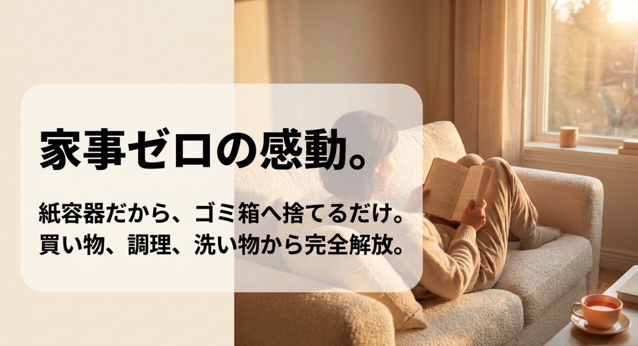 買い物や調理から解放され、紙容器だからゴミ箱に捨てるだけで済む家事ゼロの感動