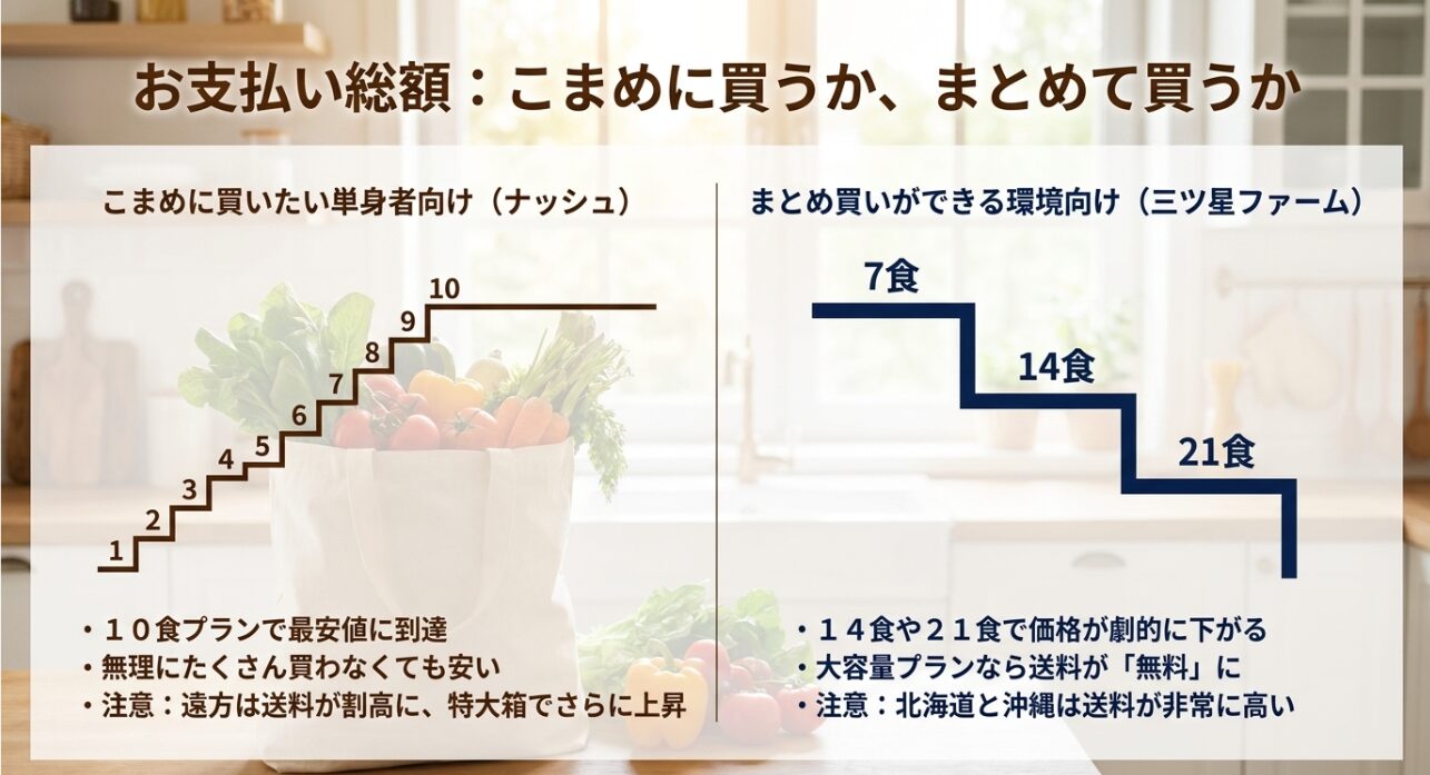 ナッシュと三ツ星ファームのお支払い総額比較。こまめに買う単身者向け(ナッシュ)と、まとめ買いができる環境向け(三ツ星ファーム)