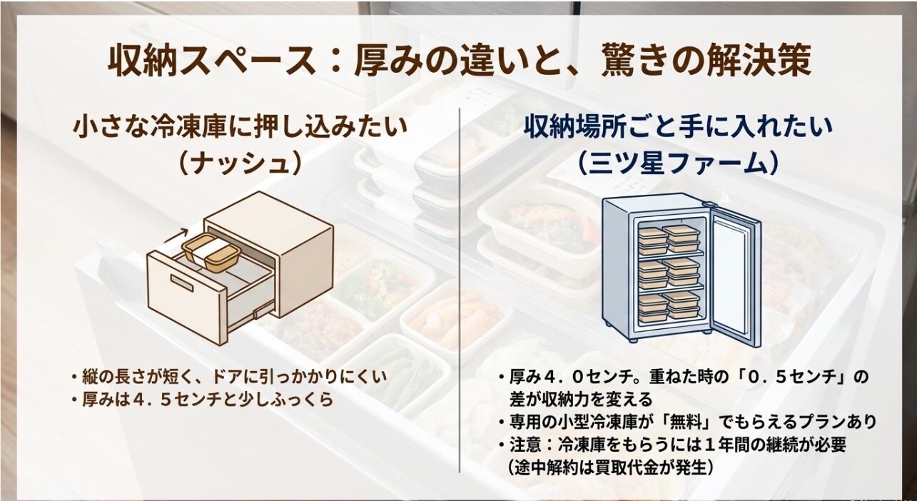 宅配弁当の収納スペース比較。ナッシュは縦の長さが短く小さな冷凍庫向け。三ツ星ファームは厚み4.0センチで収納しやすく、専用の小型冷凍庫が無料でもらえるプランあり