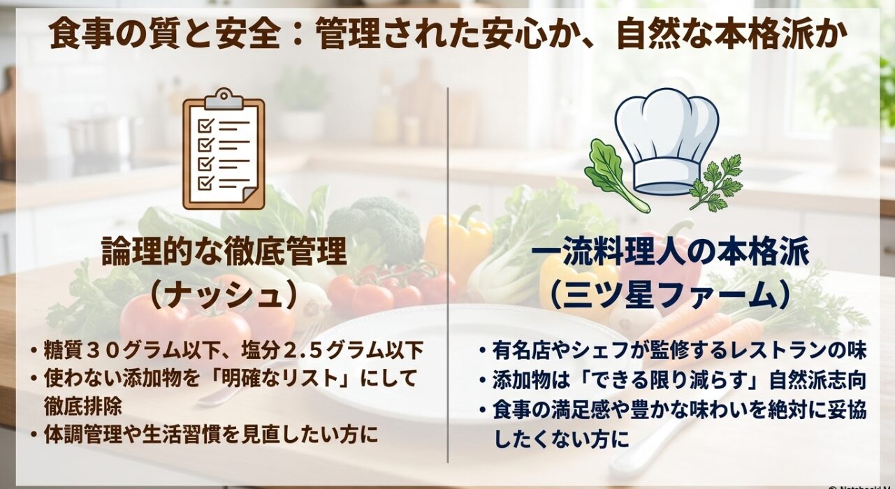 食事の質と安全の比較。論理的な徹底管理で添加物を排除するナッシュと、自然派志向で一流料理人の本格派を追求する三ツ星ファーム