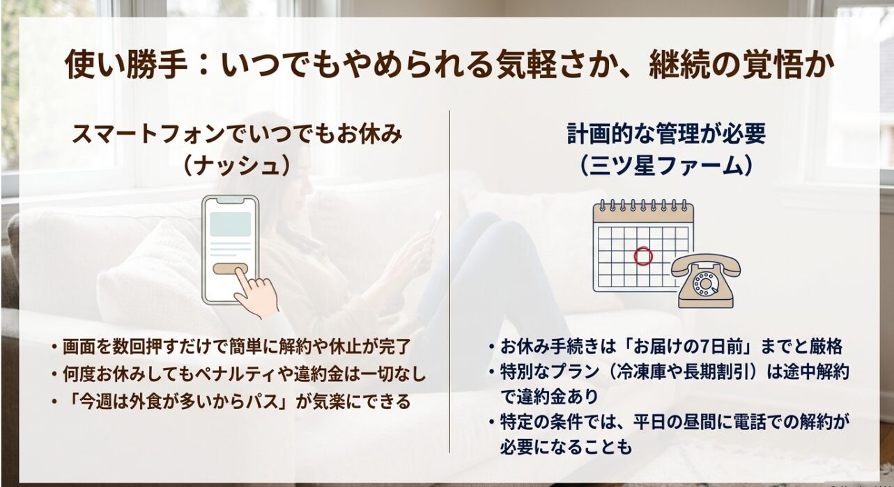 手続きの使い勝手比較。いつでもスマートフォンでやめられる気軽さのナッシュと、お届け7日前までの連絡や特定の条件で電話解約が必要になる三ツ星ファーム