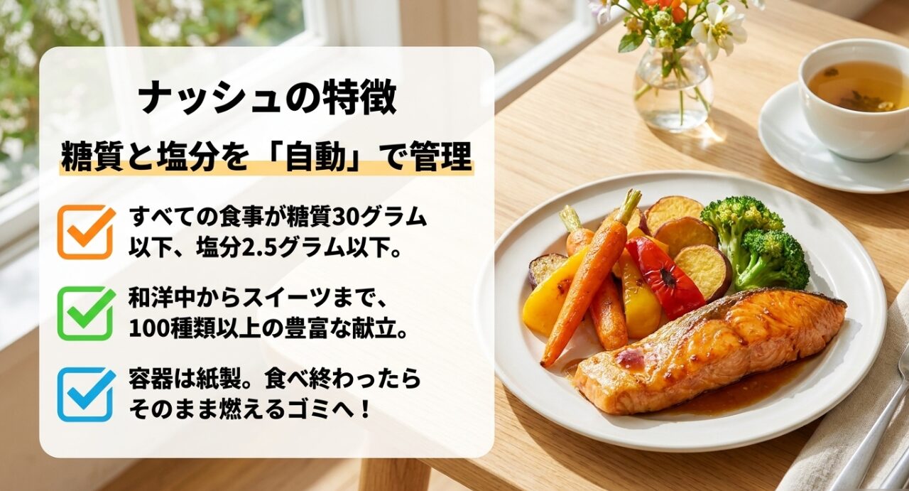 ナッシュの全メニューが糖質30g以下・塩分2.5g以下であること、100種類以上の献立、燃えるゴミに出せる紙容器について。