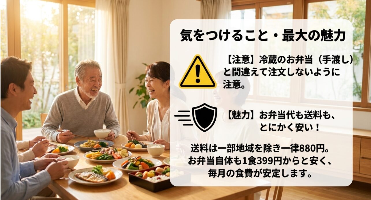 冷蔵弁当との注文間違いへの注意と、送料一律880円(一部地域除く)や1食399円からという低価格の魅力。