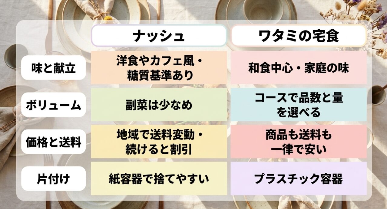 味の傾向、ボリューム、価格・送料、片付けやすさの4項目でナッシュとワタミの宅食ダイレクトを比較した一覧表。