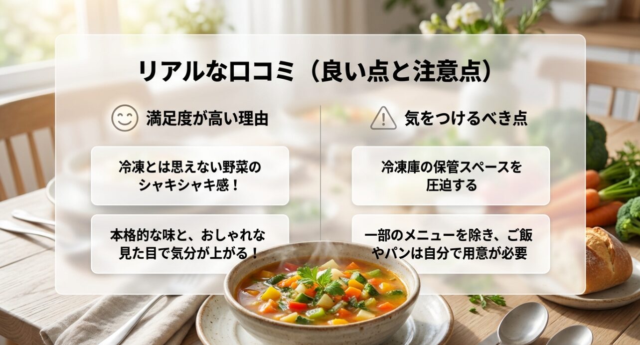 グリーンスプーン利用者の口コミ。野菜のシャキシャキ感や本格的な味が好評な一方、保管スペースや主食の用意が注意点